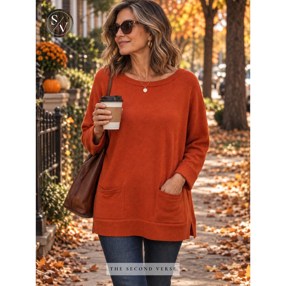 Jeanne Pierre Womens Orange Cotton Knit Scoop Neck Pocket Tunic Sweater Large